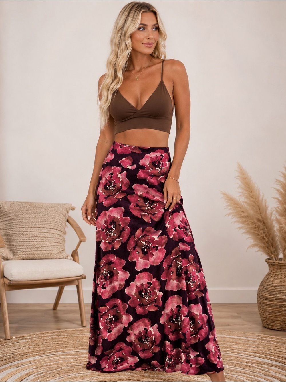 Azules Floral Maxi Skirt Size M Pink Black Stretch Boho Made USA NWOT